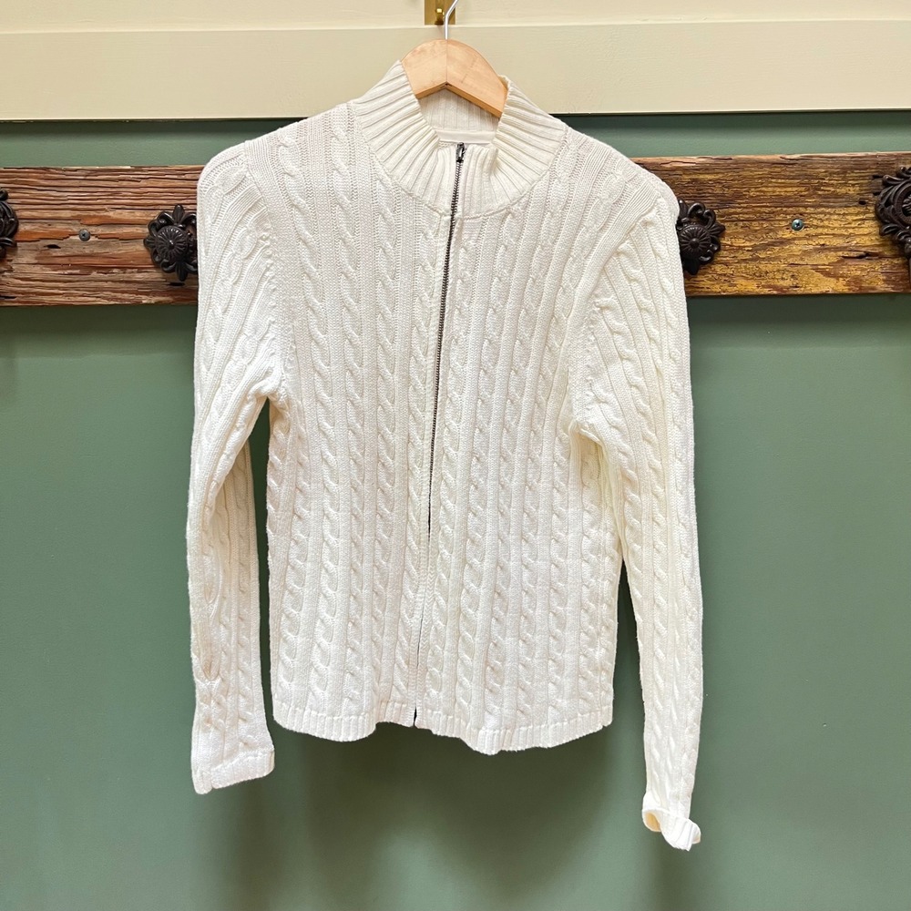 LL Bean Womens Cream Cable Knit Full Zip Mock Neck Cotton Sweater M 243978